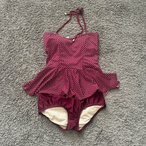 Lime Ricki Burgundy Polka Dot Peplum Tankini Swimsuit Size M